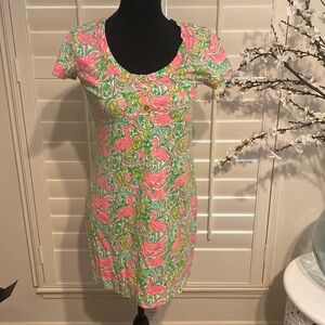 Lilly Pulitzer Britton Button Henley Hot Wings Flamingo Print Cotton Dress small